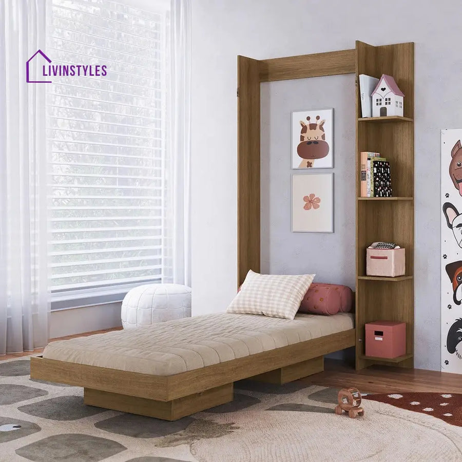 Vika Wooden Finish Wall Mounted Bed with Shelves