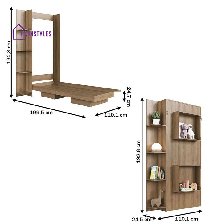 Vika Wooden Finish Wall Mounted Bed with Shelves