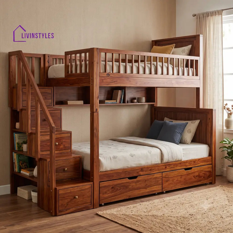 Vikram Sheesham Wood Bunk Bed With Storage | Kids Bed