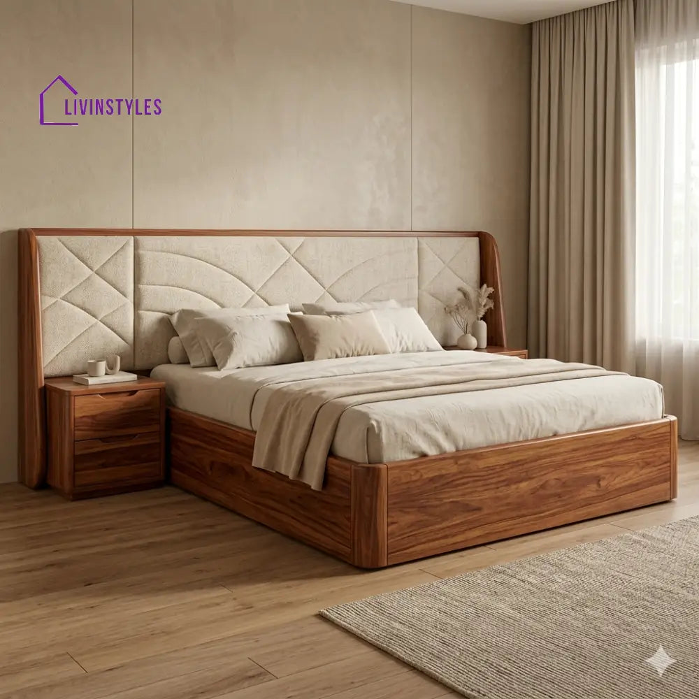 Viktor Premium Sheesham Wood Bed with Velvet Headboard