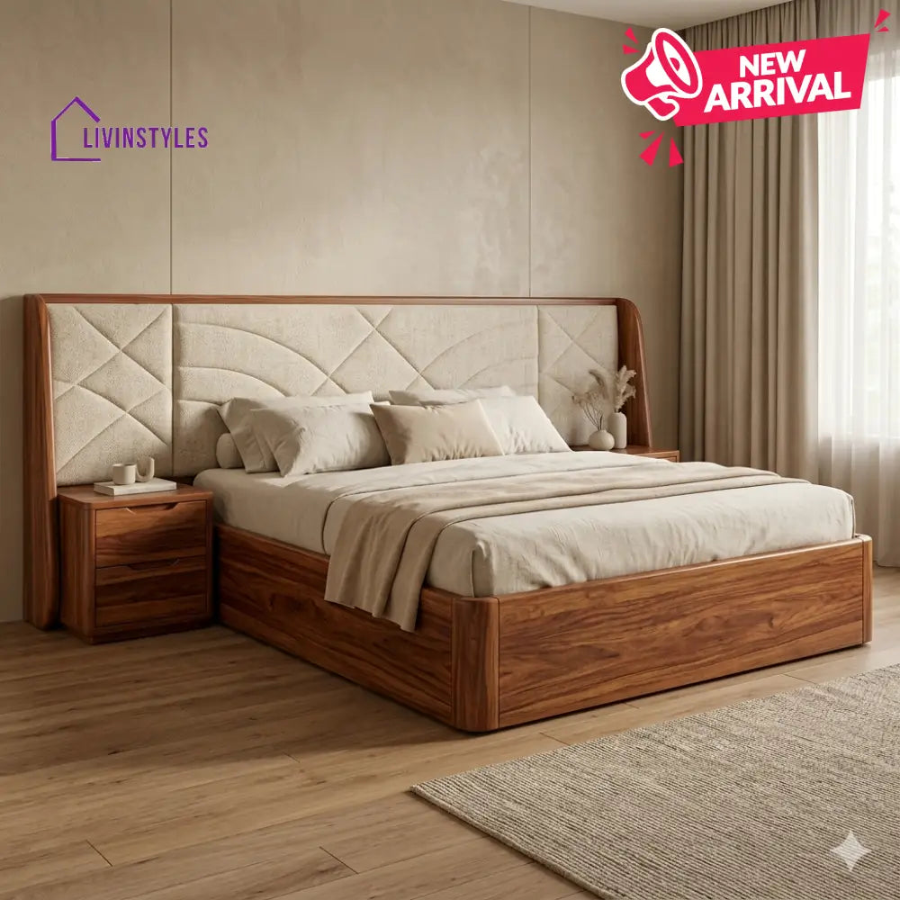 Viktor Premium Sheesham Wood Bed with Velvet Headboard