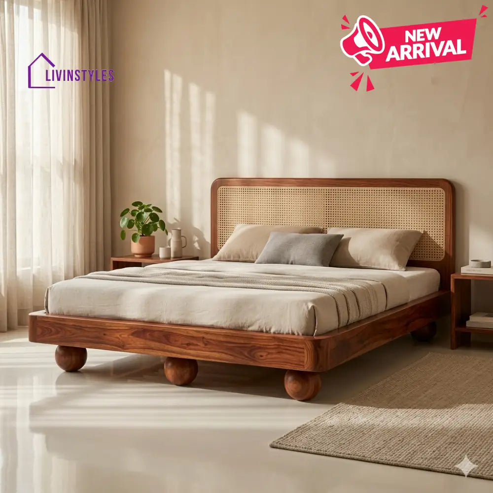 Viktor Sheesham Wood Bed with Ball Shaped Legs and Cane Weaving Headboard