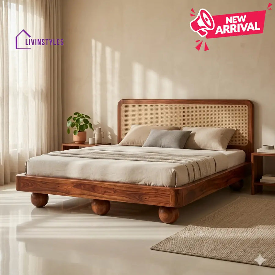 Viktor Sheesham Wood Bed with Ball Shaped Legs and Cane Weaving Headboard