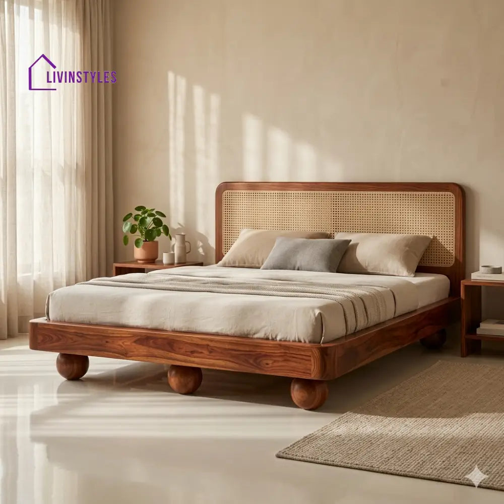 Viktor Sheesham Wood Bed with Ball Shaped Legs and Cane Weaving Headboard
