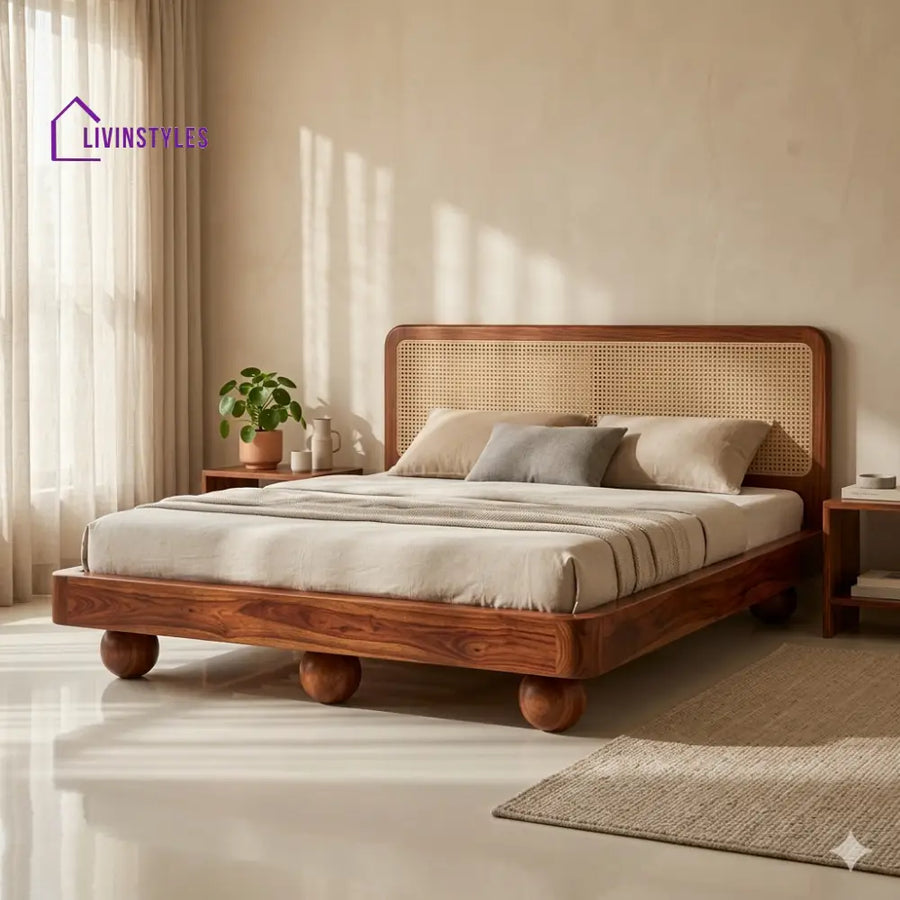 Viktor Sheesham Wood Bed with Ball Shaped Legs and Cane Weaving Headboard
