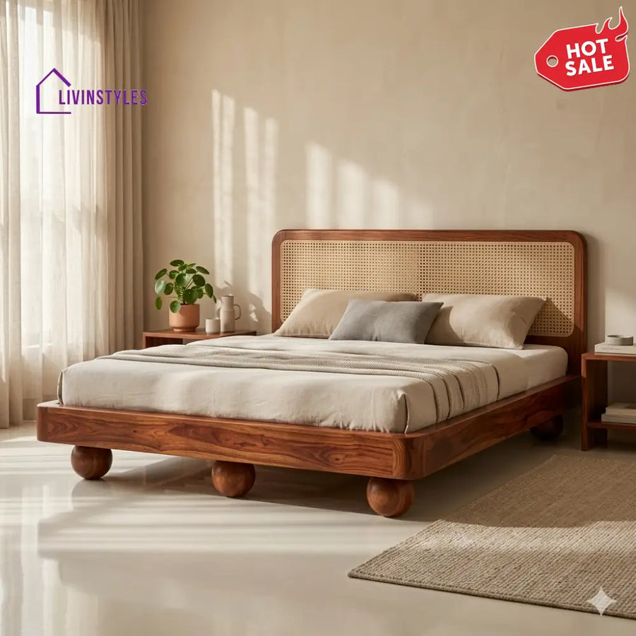 Viktor Sheesham Wood Bed with Ball Shaped Legs and Cane Weaving Headboard