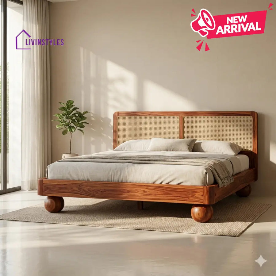 Viktoria Sheesham Wood Bed with Ball Shaped Legs and Cane Weaving Headboard