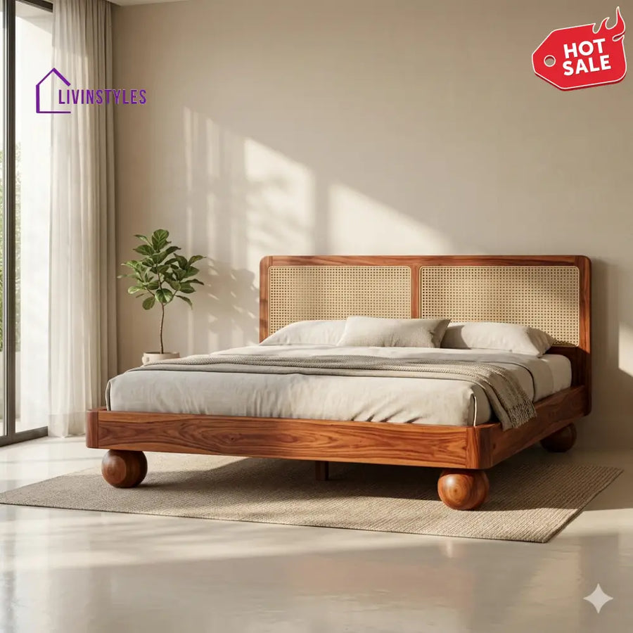 Viktoria Sheesham Wood Bed with Ball Shaped Legs and Cane Weaving Headboard