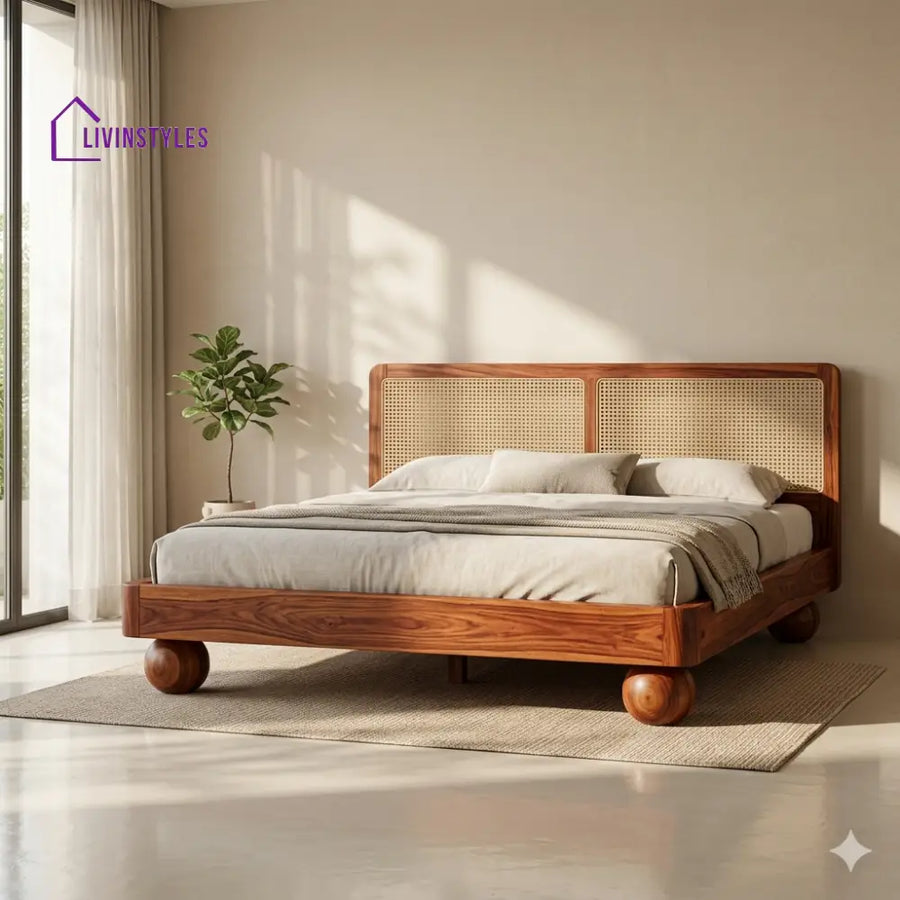 Viktoria Sheesham Wood Bed with Ball Shaped Legs and Cane Weaving Headboard