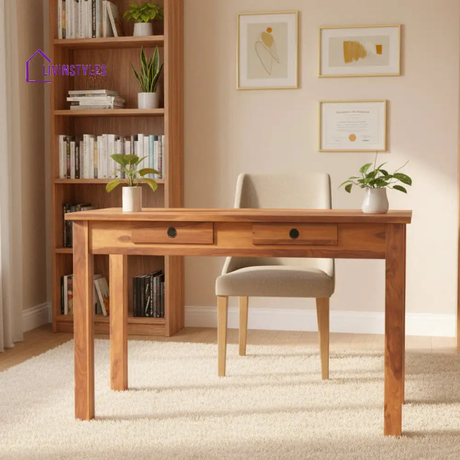 Viktoriia Sheesham Wood Study Table for Student | Solid Wooden Computer Table with 2 Slider Drawer for Home Office and