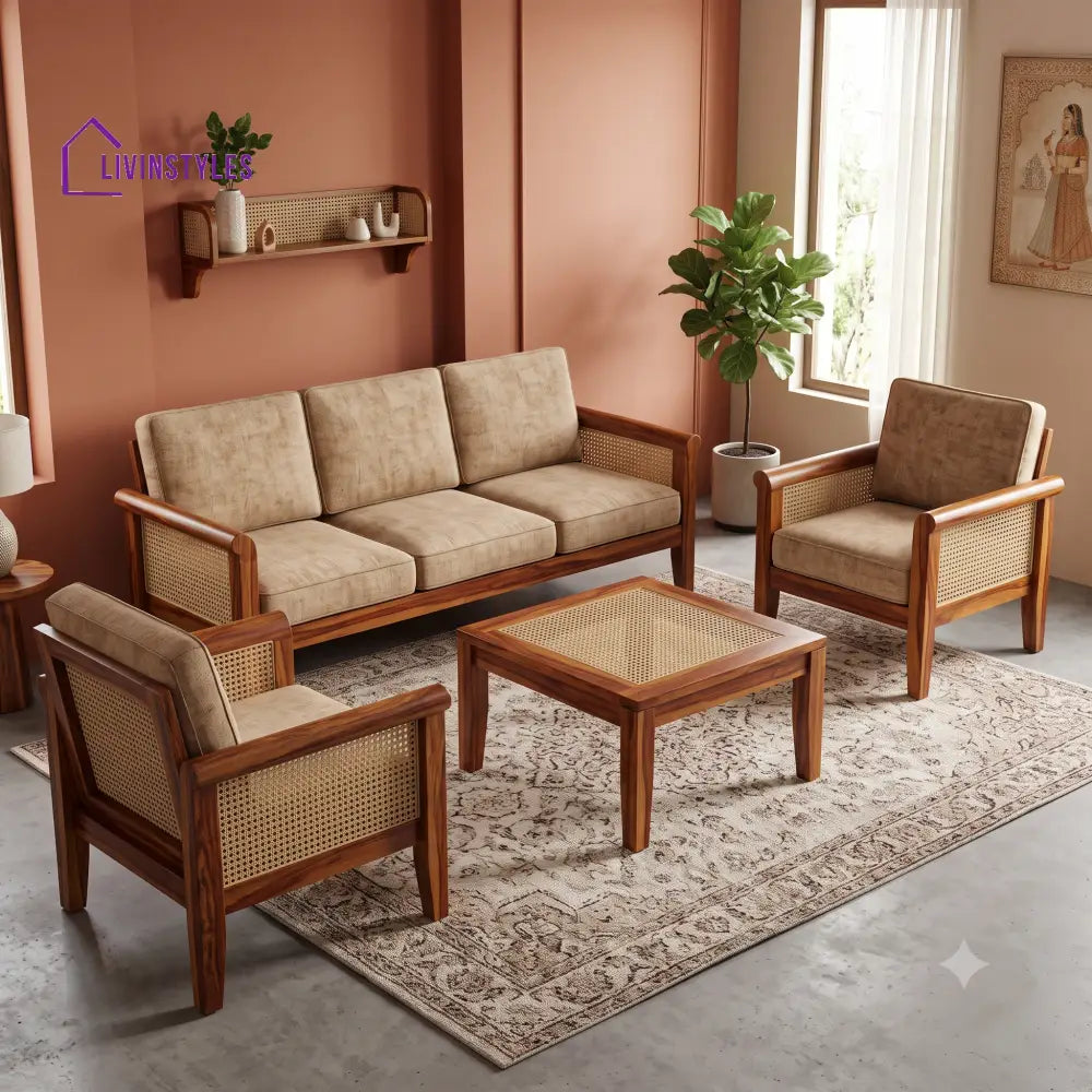 Vimala Wooden Sofa Set | 3 + 1 + 1 Sheesham Wood Sofa Set for Living Room