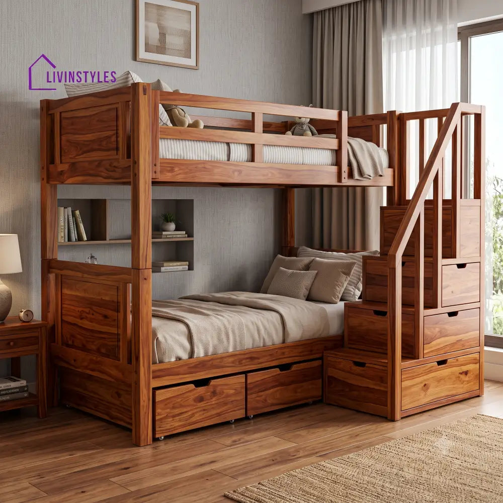 Vinay Sheesham Wood Bunk Bed With Storage | Kids Bed