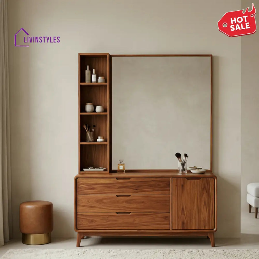 Vincent Sheesham Wood Dressing Table with Mirror and Storage (Honey Finish)