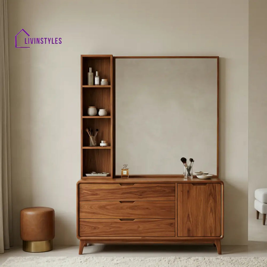 Vincent Sheesham Wood Dressing Table with Mirror and Storage (Honey Finish)