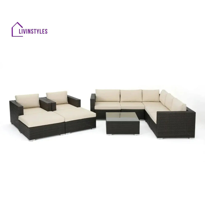 Violeta 7-Piece Rattan Sectional Sofa Set (Dark Brown/Cream) - Sofa Set