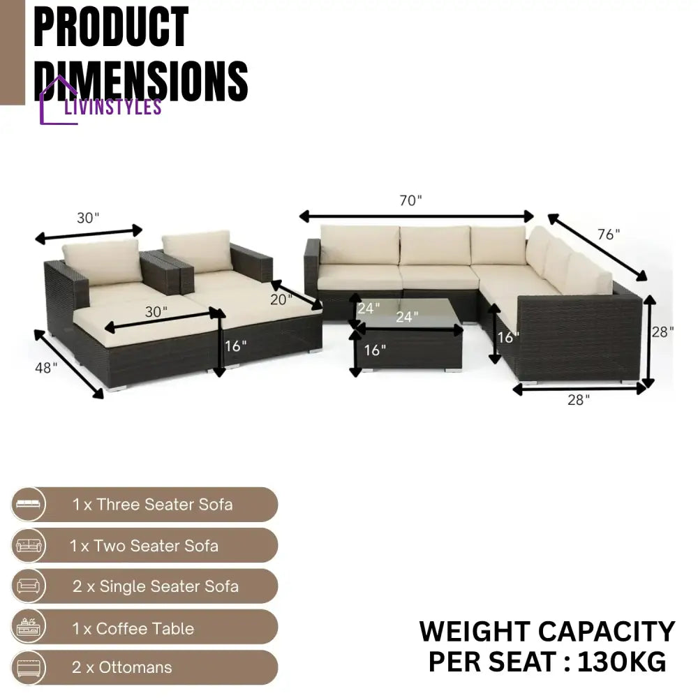 Violeta 7-Piece Rattan Sectional Sofa Set (Dark Brown/Cream) - Sofa Set
