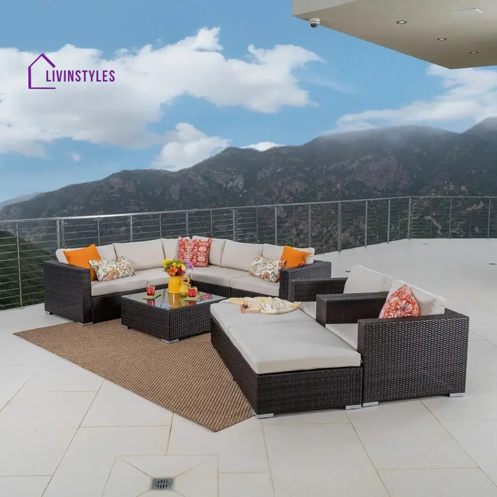 Violeta 7-Piece Rattan Sectional Sofa Set (Dark Brown/Cream) - Sofa Set