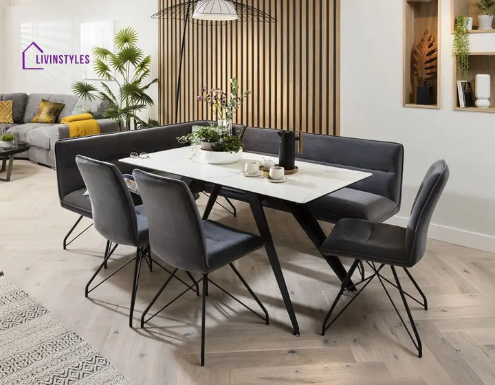 Violetta Ceramic Marble Corner Bench Dining Set Grey & White Dining Room / Dining Sets