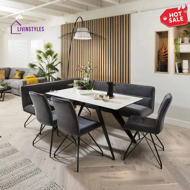Violetta Ceramic Marble Corner Bench Dining Set Grey & White Dining Room / Dining Sets