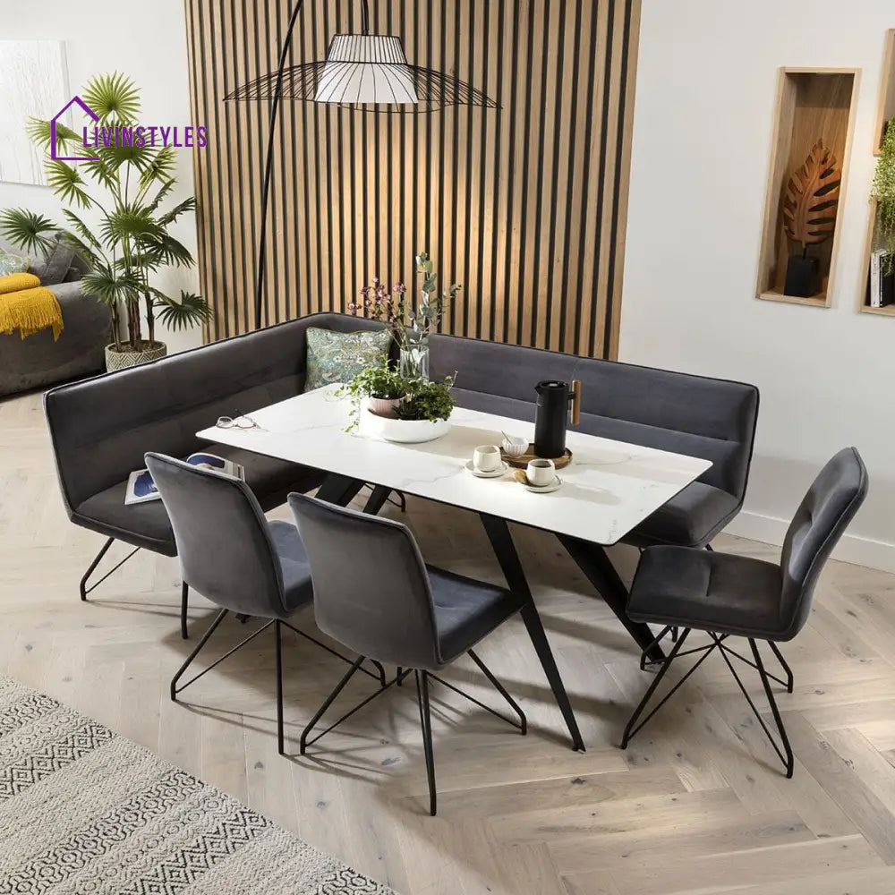 Violetta Ceramic Marble Corner Bench Dining Set Grey & White Dining Room / Dining Sets