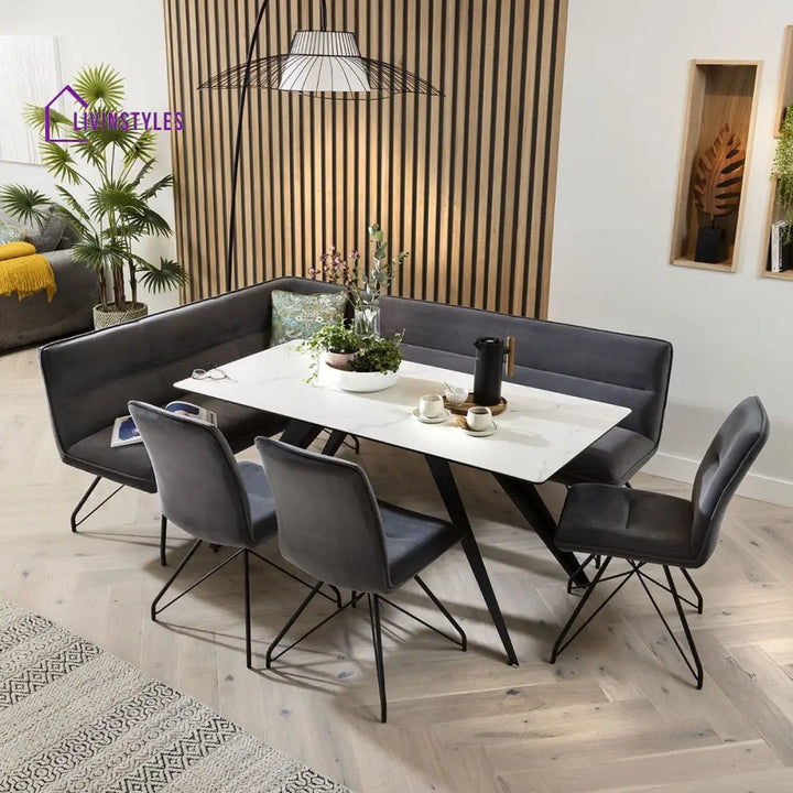 Violetta Ceramic Marble Corner Bench Dining Set Grey & White Dining Room / Dining Sets