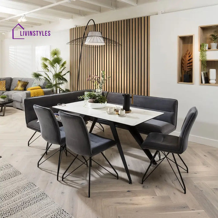 Violetta Ceramic Marble Corner Bench Dining Set Grey & White Dining Room / Dining Sets