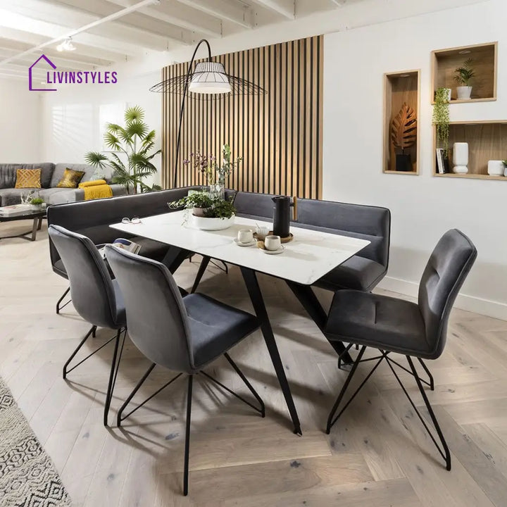 Violetta Ceramic Marble Corner Bench Dining Set Grey & White Dining Room / Dining Sets