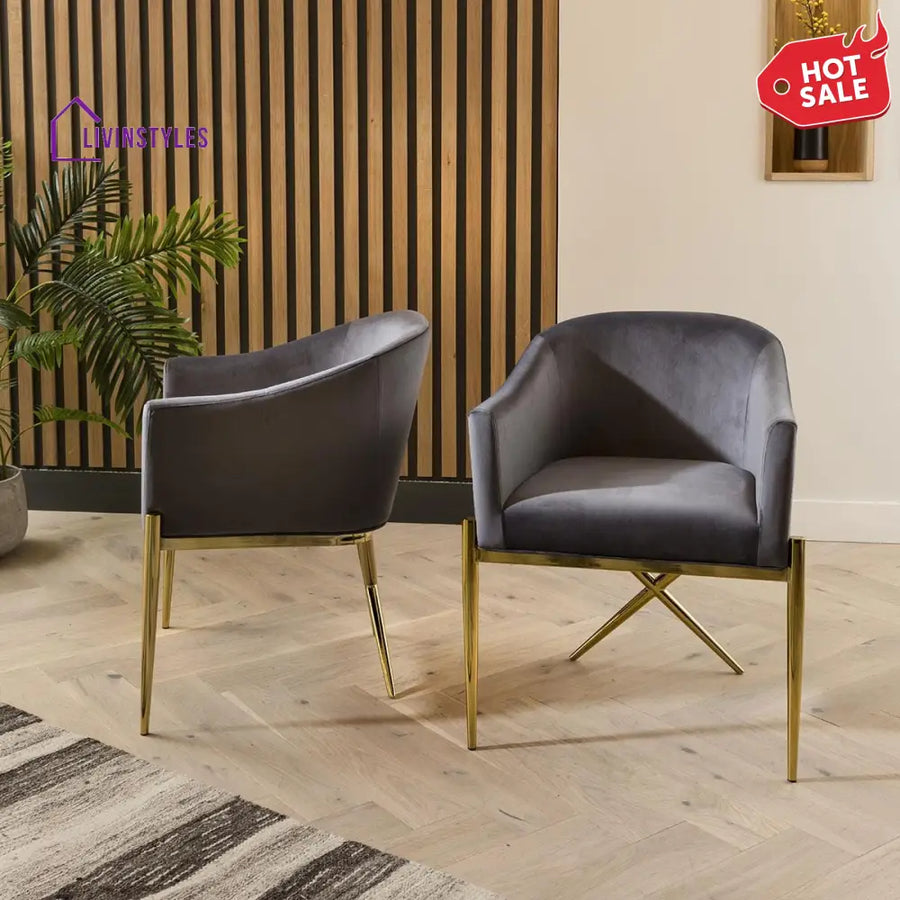 Violetta Dining Carver Chair Set of 2 Grey Velvet Curved Back on Gold Legs Dining Room / Dining Chairs