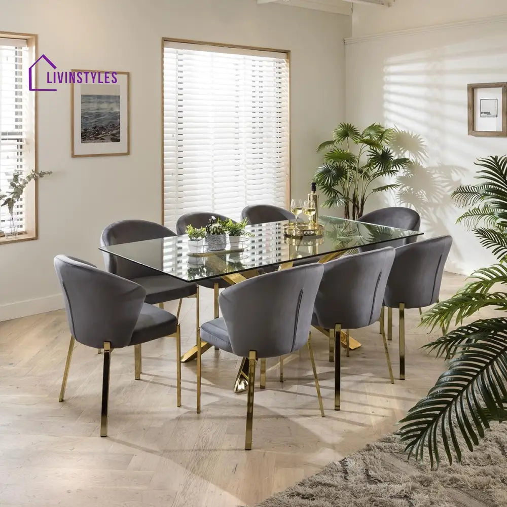 Violetta Dining Carver Chair Set of 2 Grey Velvet Curved Back on Gold Legs Dining Room / Dining Chairs