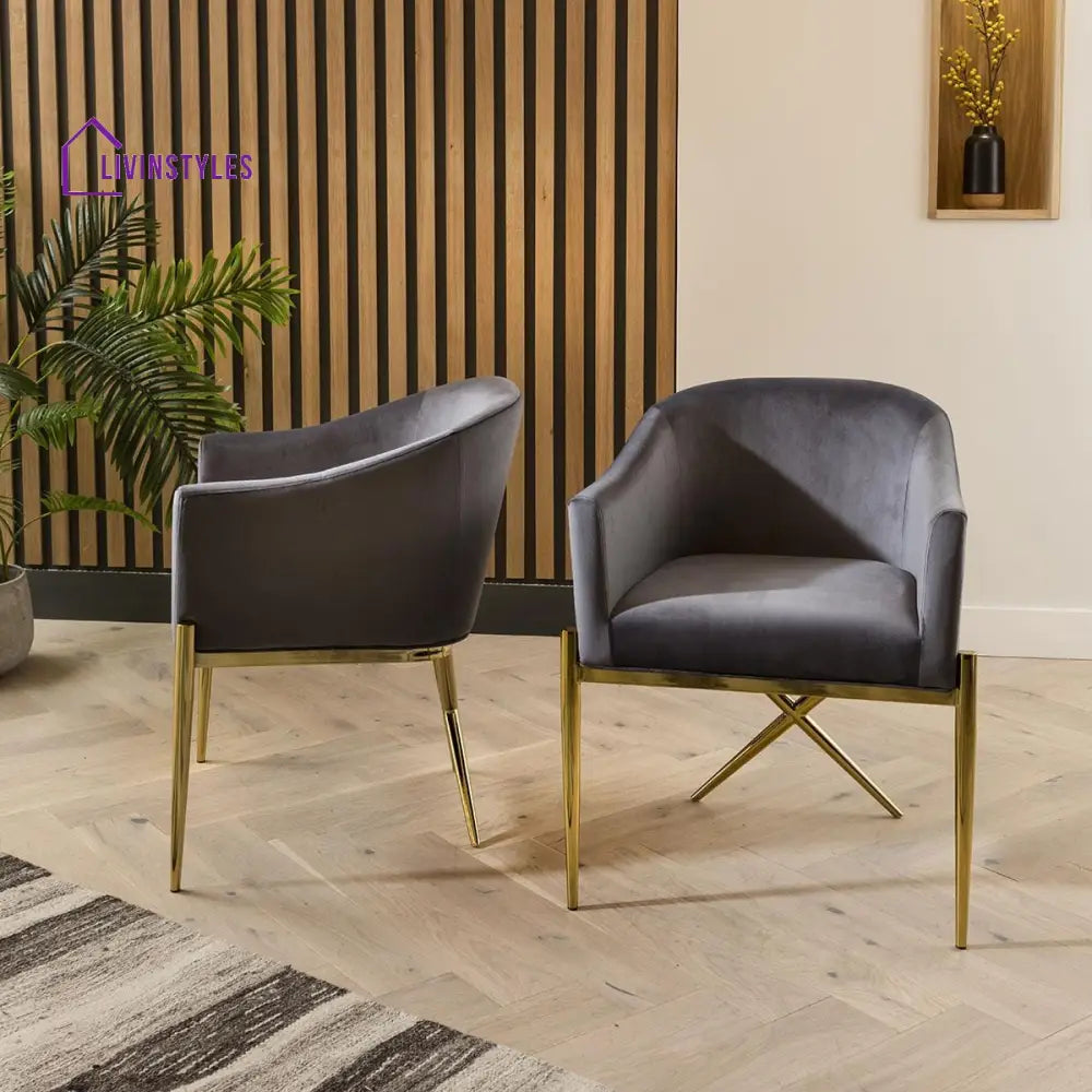 Violetta Dining Carver Chair Set of 2 Grey Velvet Curved Back on Gold Legs Dining Room / Dining Chairs