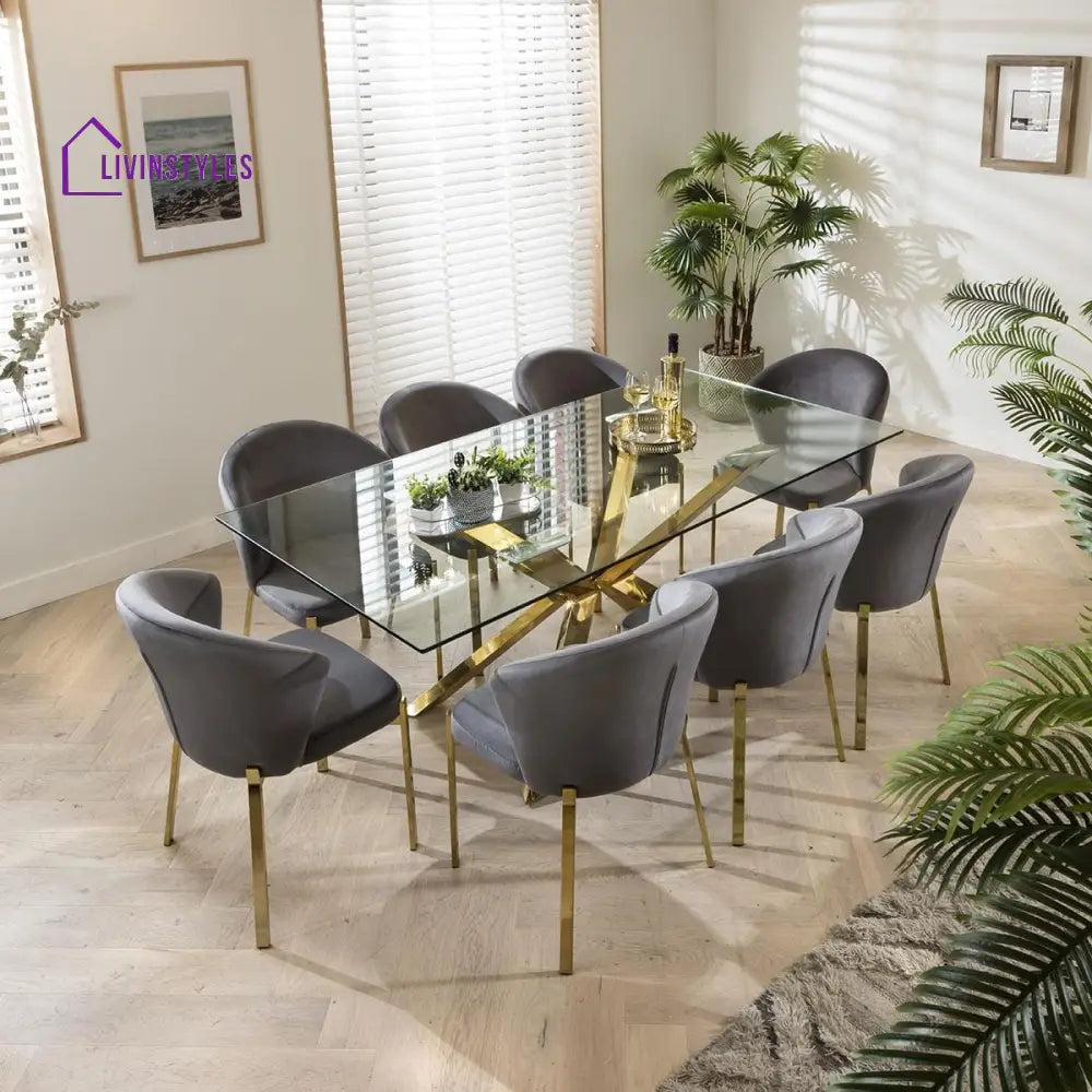 Violetta Dining Carver Chair Set of 2 Grey Velvet Curved Back on Gold Legs Dining Room / Dining Chairs