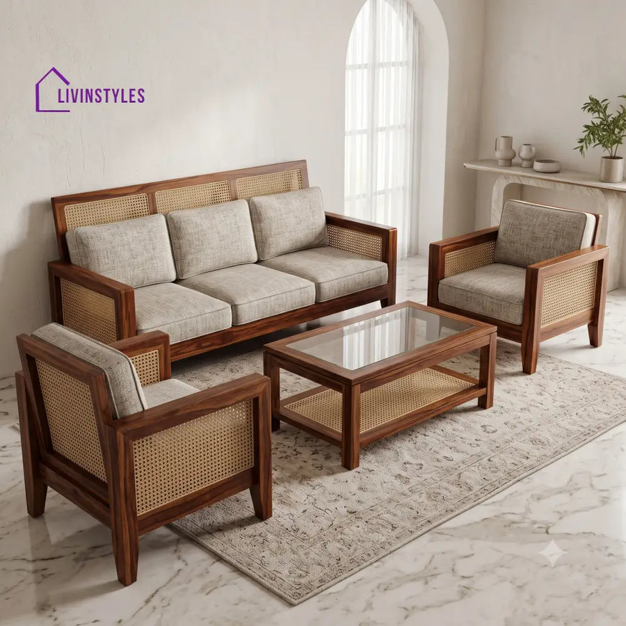 Visalakshi Wooden Sofa Set | 3 + 1 + 1 Sheesham Wood Sofa Set for Living Room