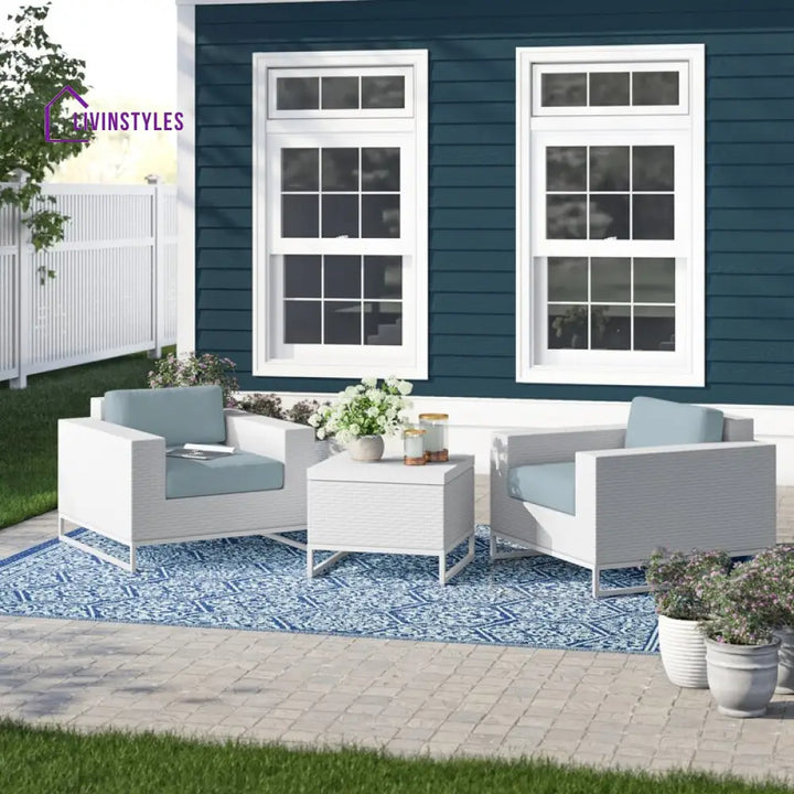 Vitale Outdoor Sofa Set 2 Single seater and 1 Center Table (White + Light Blue) - Sofa Sets