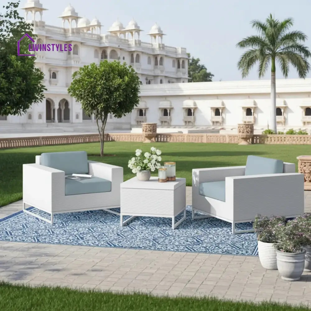 Vitale Outdoor Sofa Set 2 Single seater and 1 Center Table (White + Light Blue) - Sofa Sets