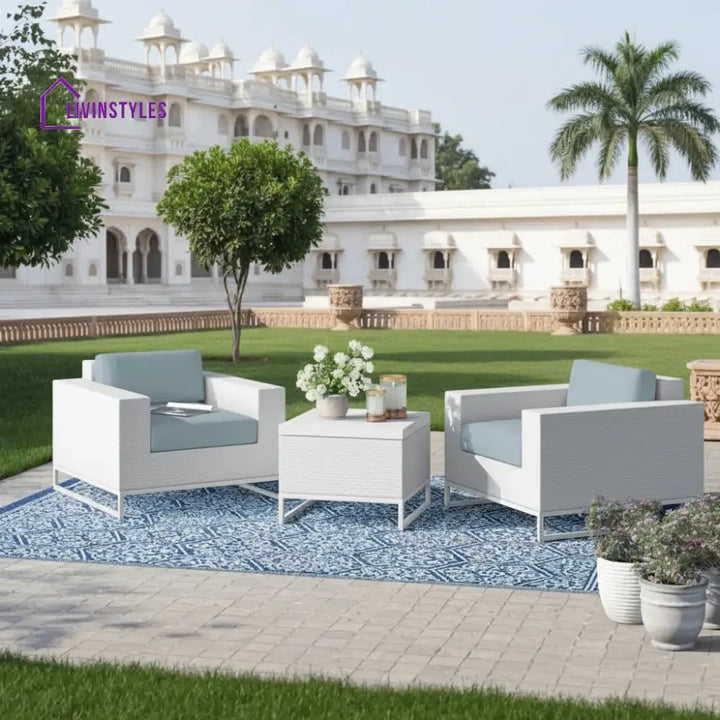 Vitale Outdoor Sofa Set 2 Single seater and 1 Center Table (White + Light Blue) - Sofa Sets
