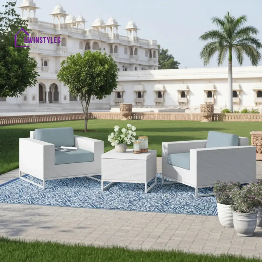 Vitale Outdoor Sofa Set 2 Single seater and 1 Center Table (White + Light Blue) - Sofa Sets