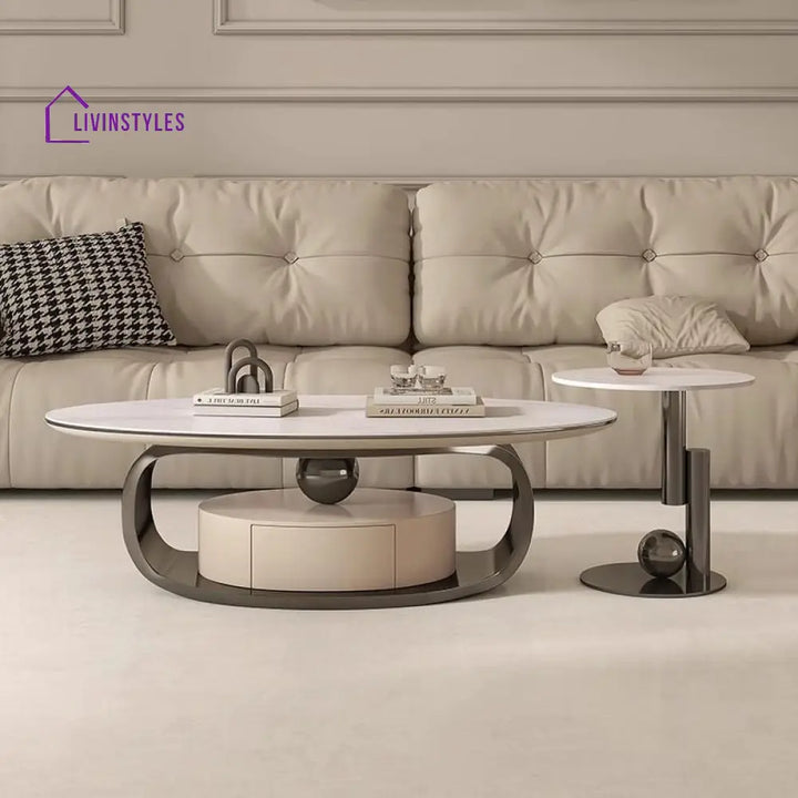 Vitara Marble Top Stainless Steel with PVD Coated Coffee Table Set | MDF Wooden Storage Frame