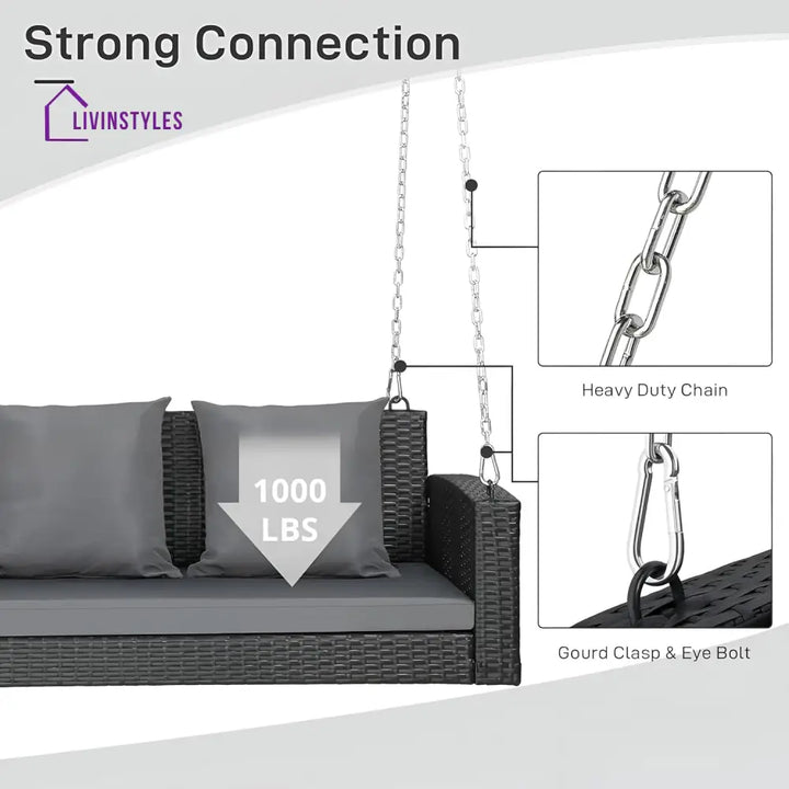 Vito Three Seater Hanging Swing Without Stand For Balcony Garden Swing (Black) - Swings