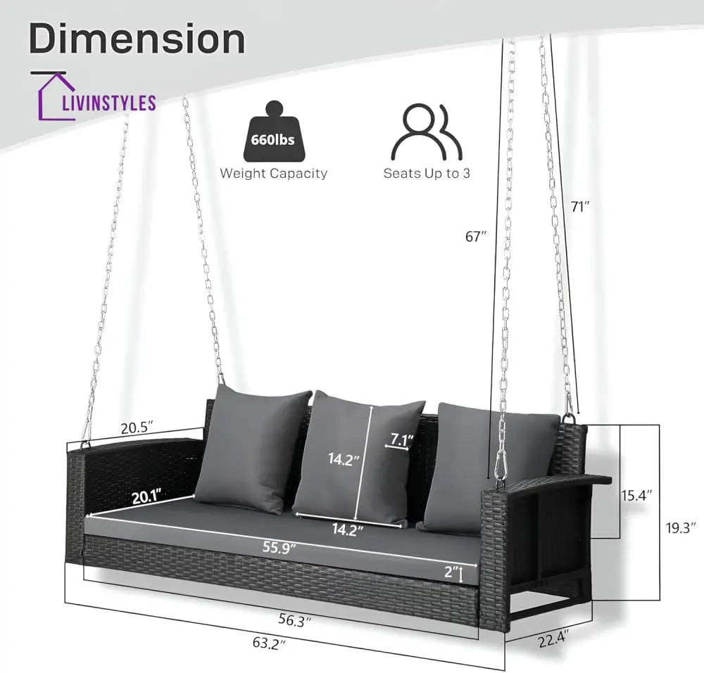Vito Three Seater Hanging Swing Without Stand For Balcony Garden Swing (Black) - Swings