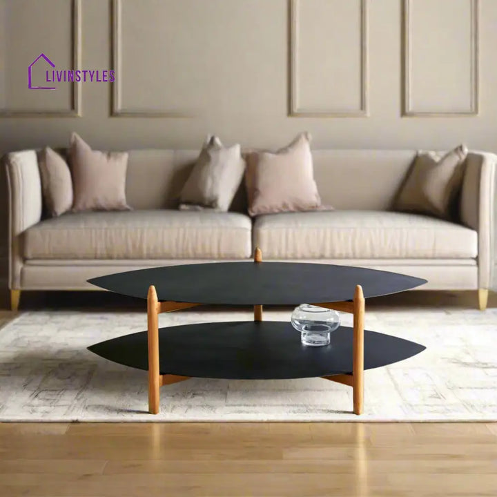 Vivaan Coffee Table – Black Powder Coated Iron Top & Shelf Mango Wood Legs (Oval W110 D73 H39 cm) Coffee Table