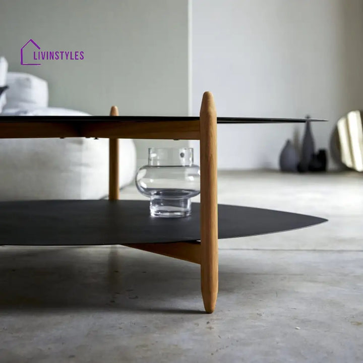 Vivaan Coffee Table – Black Powder Coated Iron Top & Shelf Mango Wood Legs (Oval W110 D73 H39 cm) Coffee Table