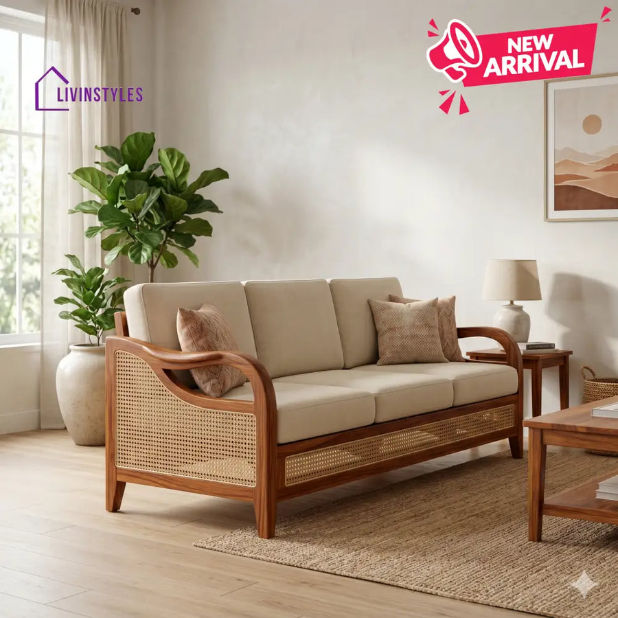 Vivaan Sheesham Wood and Cane Sofa for Living Room