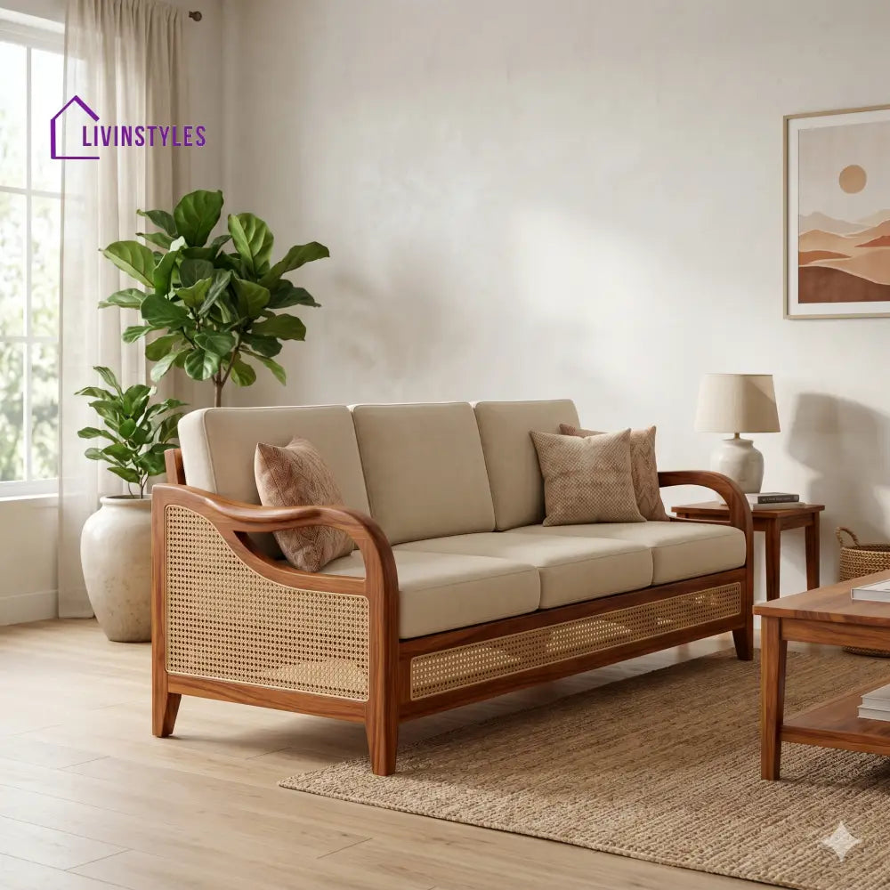 Vivaan Sheesham Wood and Cane Sofa for Living Room