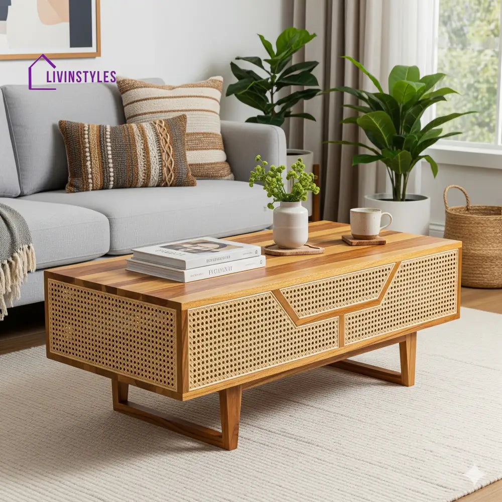 Vivaan Sheesham Wood & Cane Coffee Table for Living Room – Honey Finish