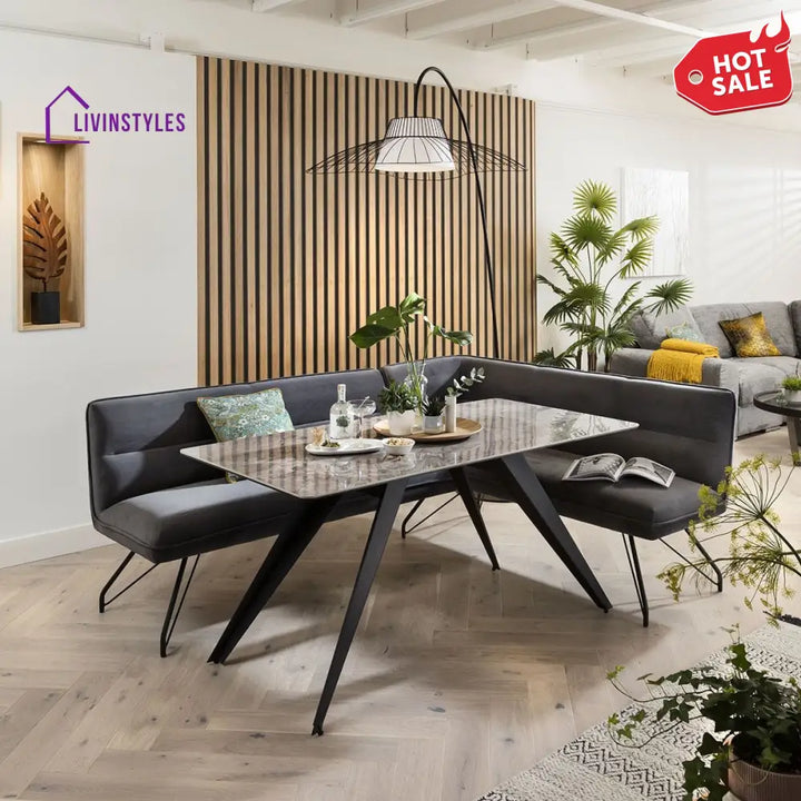 Vladilena Ceramic Marble Corner Bench Dining Set Grey LT Dining Room / Dining Sets