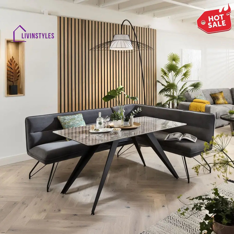 Vladilena Ceramic Marble Corner Bench Dining Set Grey LT Dining Room / Dining Sets