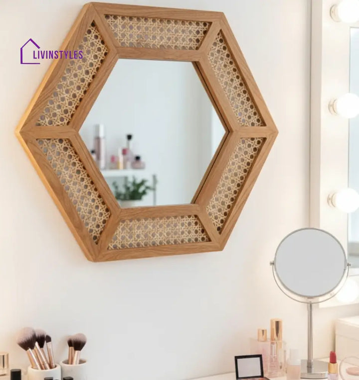 ADOUER WOOD Mirror – 34’’ Boho Honeycomb Mirror with Rattan Webbing Detail - Wall Mirror
