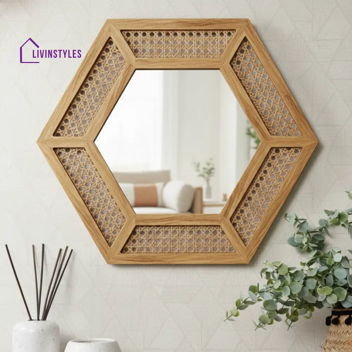 ADOUER WOOD Mirror – 34’’ Boho Honeycomb Mirror with Rattan Webbing Detail - Wall Mirror