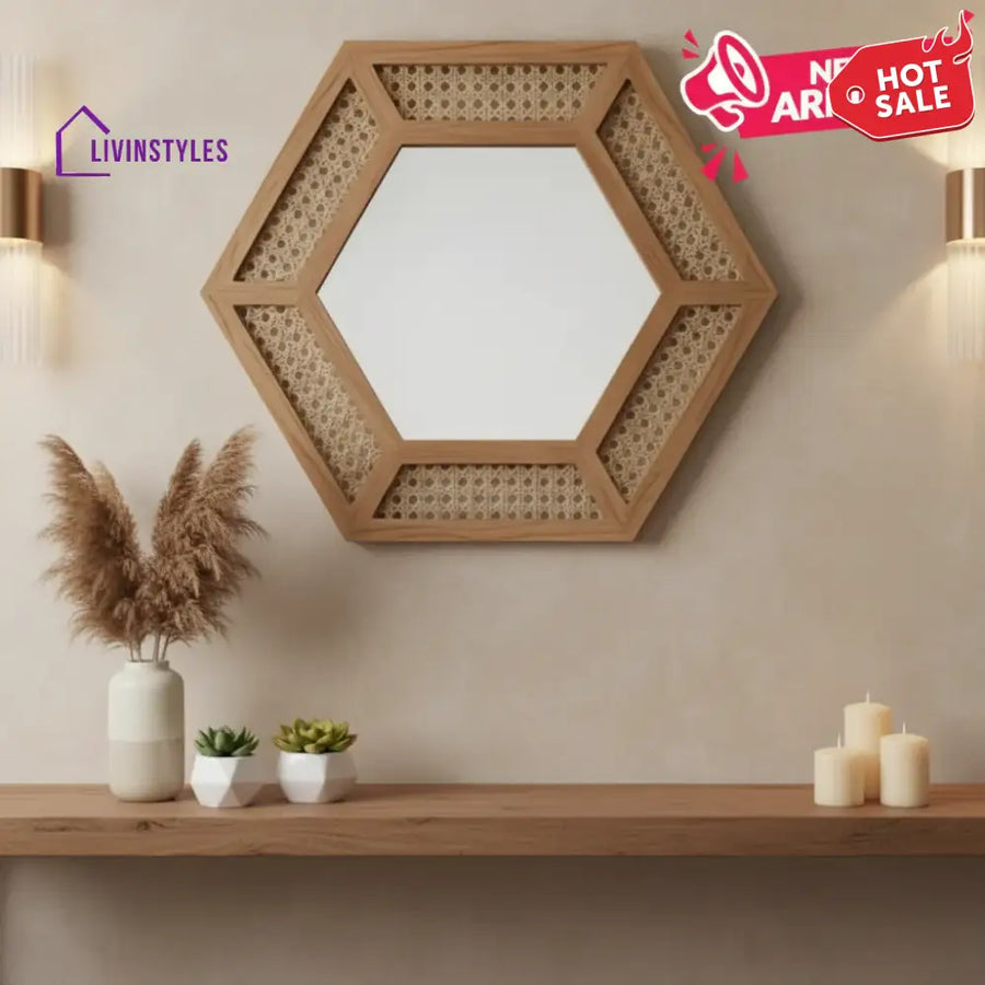 ADOUER WOOD Mirror – 34’’ Boho Honeycomb Mirror with Rattan Webbing Detail - Wall Mirror