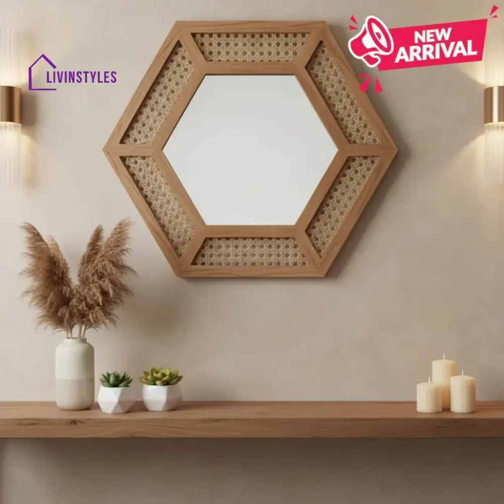 ADOUER WOOD Mirror – 34’’ Boho Honeycomb Mirror with Rattan Webbing Detail - Wall Mirror